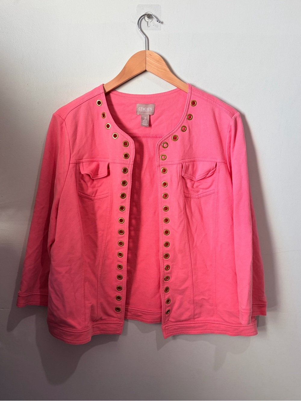 Chico's Pink French Terry Grommet Open Front Jacket Size 2 Large Cardigan